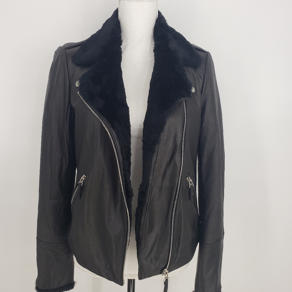 Gerard Darel Leather & Fur Trim Jacket in Black - Picture 5 of 11